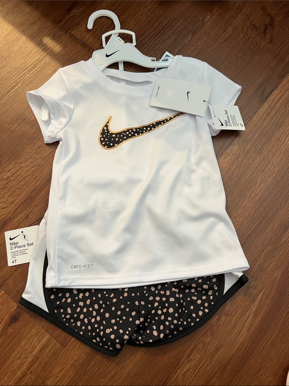 Toddler Nike White Tee with Black & Tan Leopard Swoosh and Black Leopard Shorts